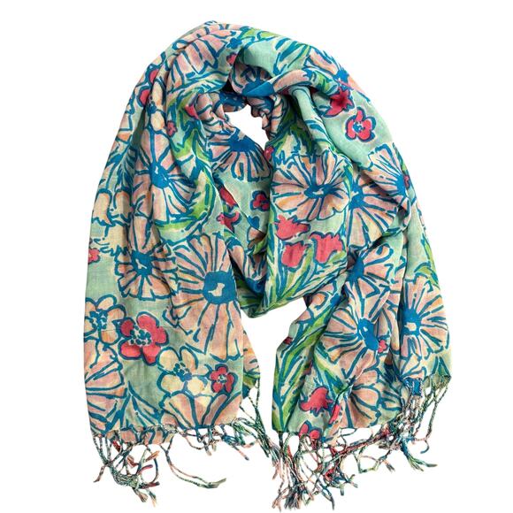 Lilly Pulitzer Silk Cashmere Scarf Floral Pastel Fringe Lightweight Resortwear - Picture 1 of 7